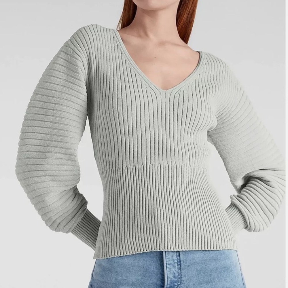 Express Ribbed Sculpted sleeve V-neck sweater